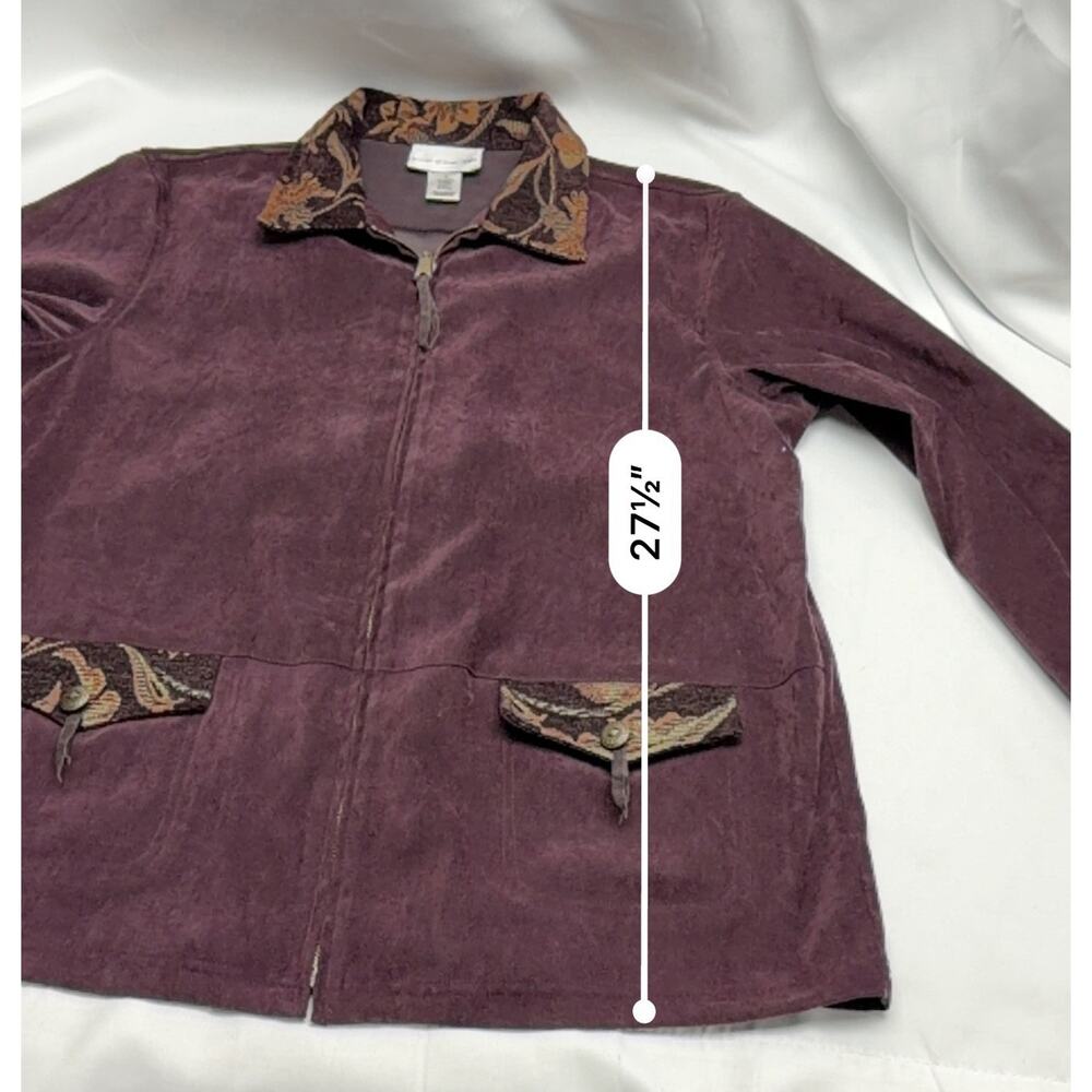 Susan Graver Jacket Large Purple Faux Suede Zip Front SW Tapestry Trim Stretch L - Picture 8 of 9